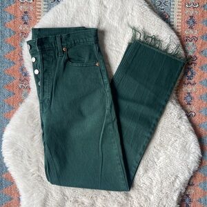 GAP green denim cheeky straight high rise jeans raw hem vintage vibe tall 28 / 6